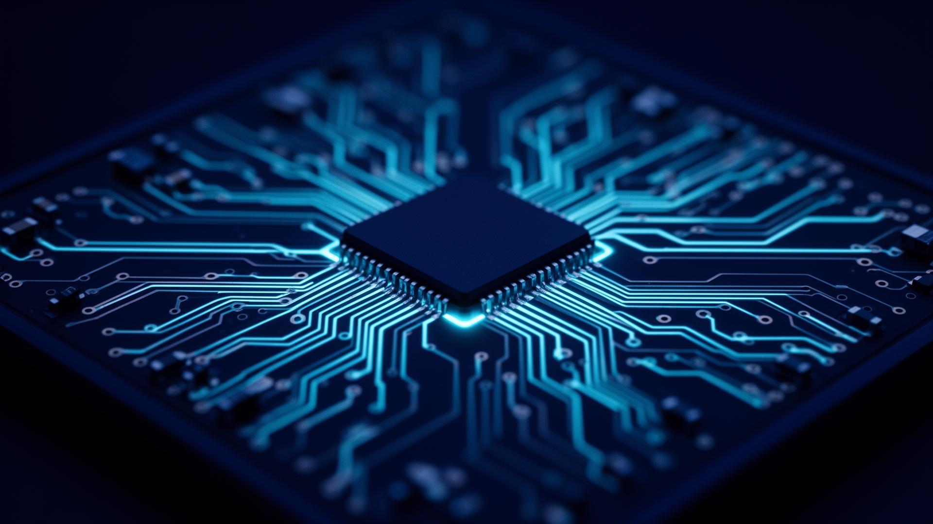 Glowing semiconductor microchip with circuit traces